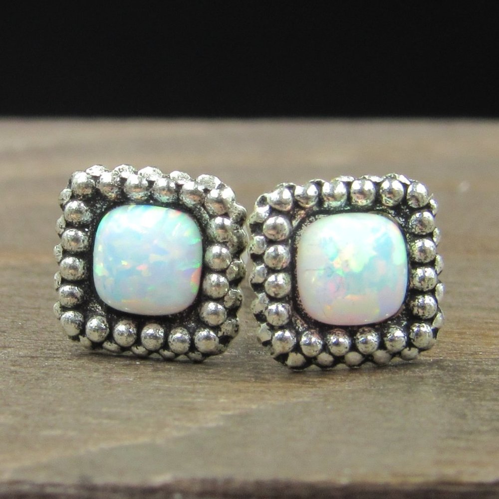 Sterling Silver Small Square Opal Stud Earrings V… - image 1